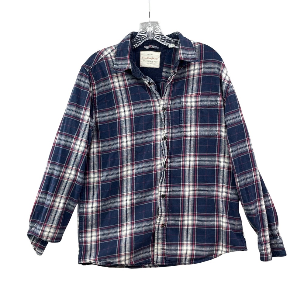 Weatherproof Vintage Flannel Shirt Mens Medium Navy Blue‎ Plaid Academia Skate